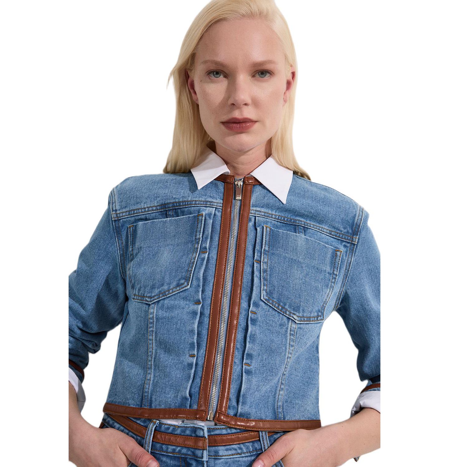 Женская куртка Karen Millen Denim and Leather Collarless, цвет: Светлый синий — фото 7