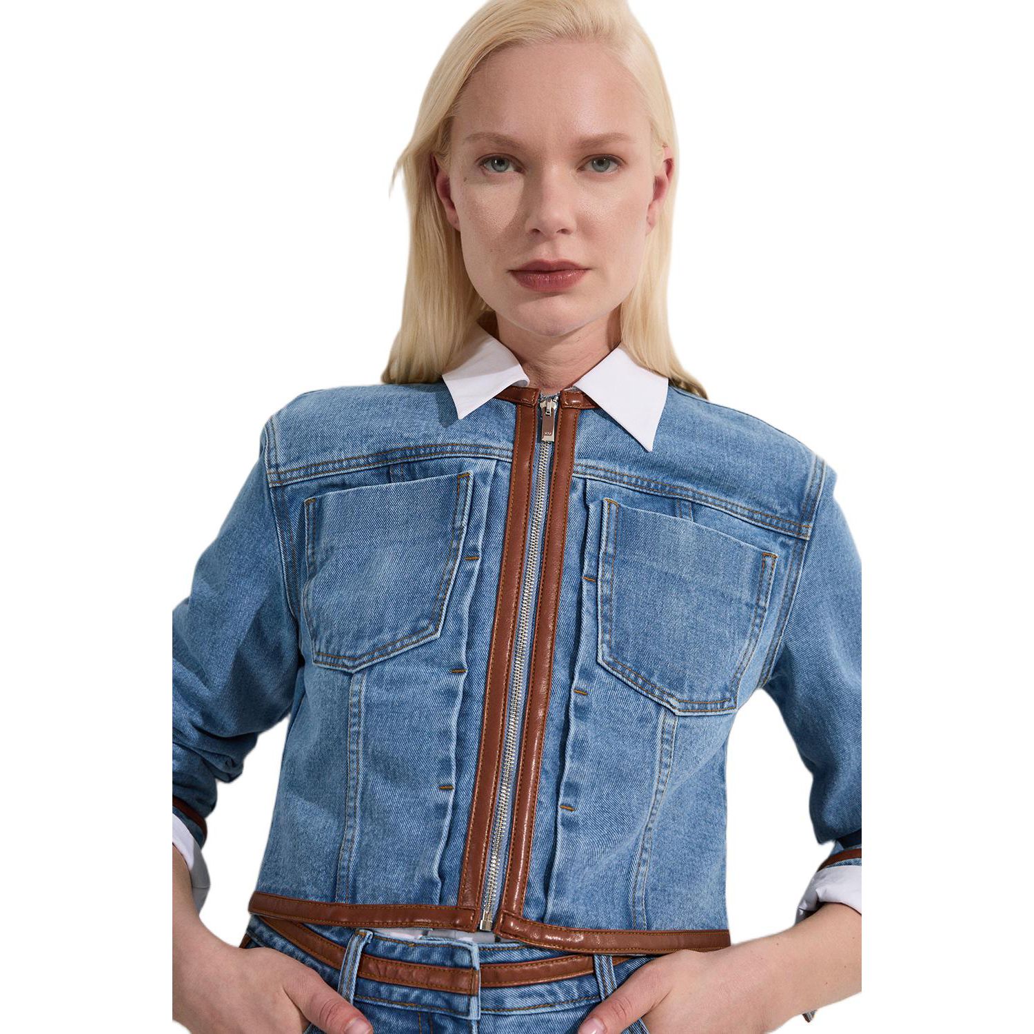 Women's Denim and Leather Collarless Jacket