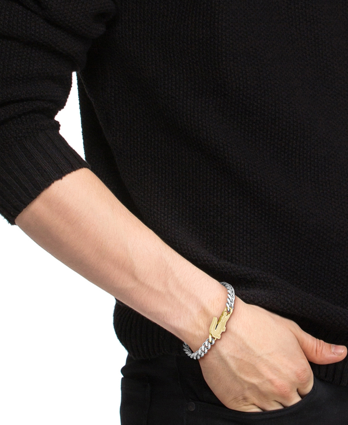 Lacoste Men's Arthor Silver Tone Stainless Steel with Yellow Gold Chain Bracelet