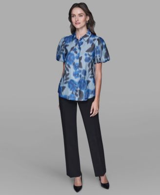 KARL LAGERFELD PARIS - Women's Puffed Short-Sleeve Organza Collared Blouse