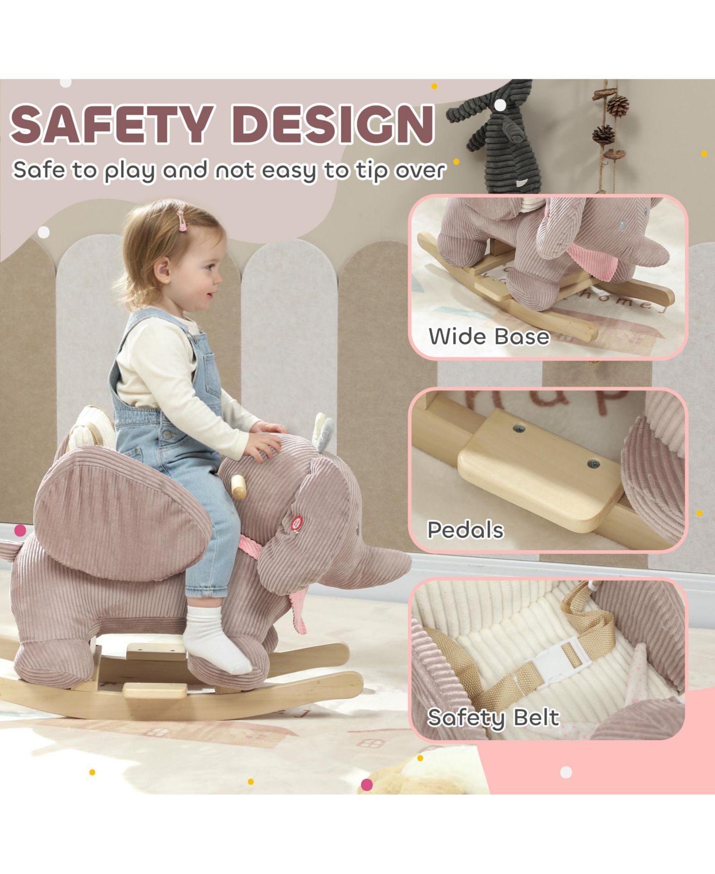 Детская мягкая игрушка Qaba Baby Rocking Elephant Plush with Realistic Sound Ride-On Toy, Ages 18-36 Months, цвет: Розовый — фото 7