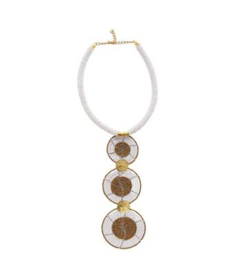 Mukiri Handcrafted African Beaded Necklace for Women - Kenyan Jewelry with Brass Shilling Accents, 3-Disc Tribal Design