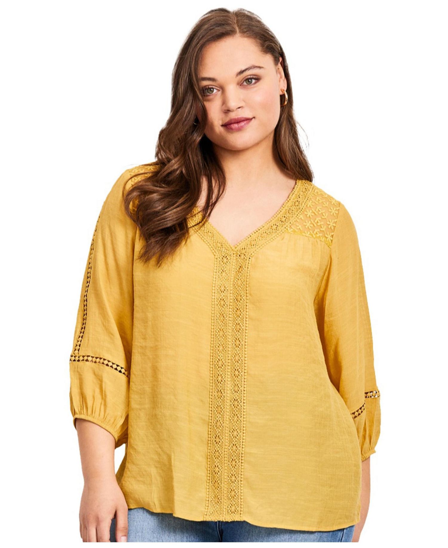 Women's Plus Size Embroidered Lace Detail Peasant Blouse