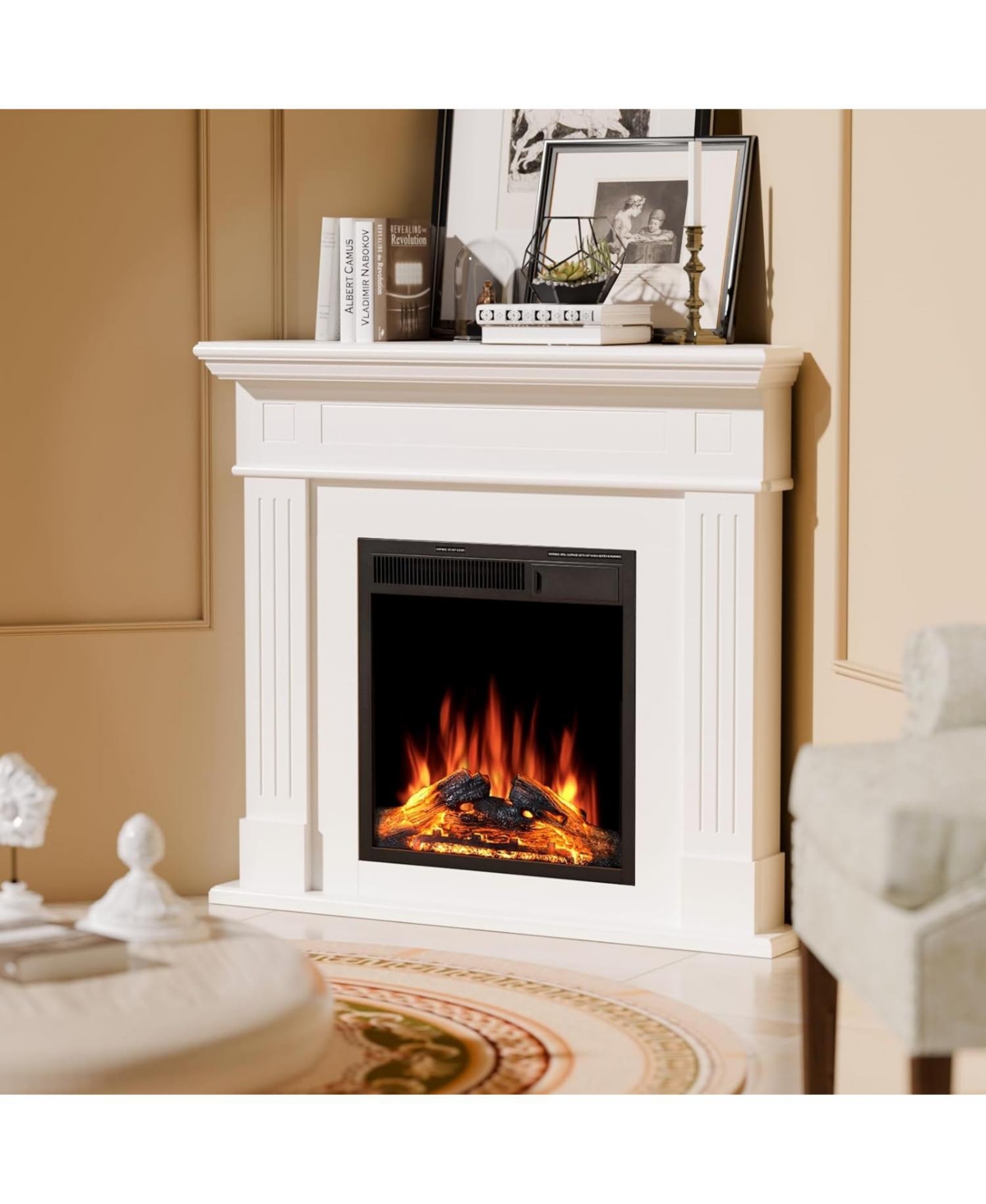 Cowsar Corner Electric Fireplace with Mantel, Tv Stand Electric Fireplace Heater with Remote Control for Living Room