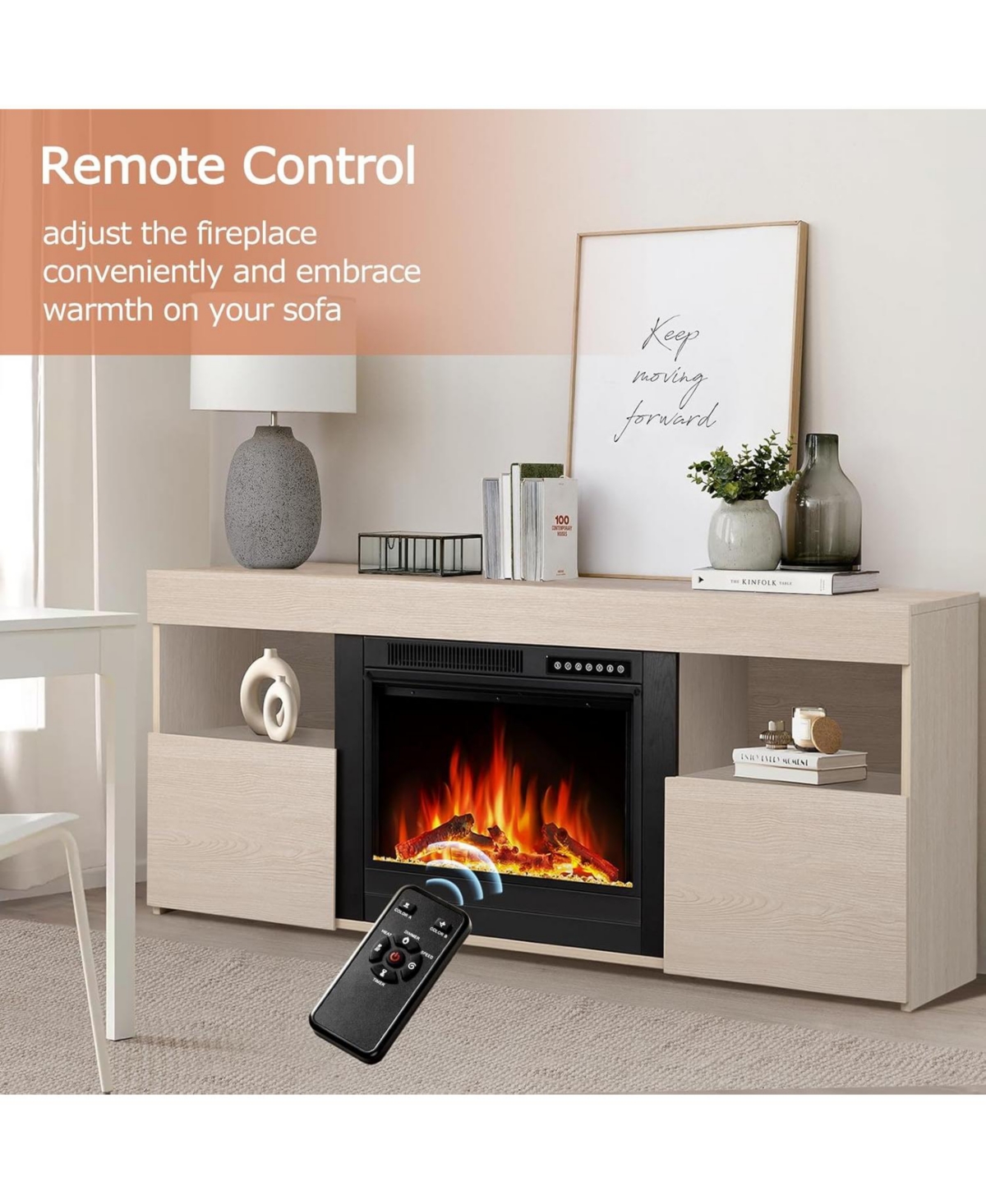 Cowsar 60" Fireplace Tv Stand Mantel Wood Surround Firebox Freestanding Fireplace Heater Infrared Quartz Heater Adjustable Led Flame, Remote Cont