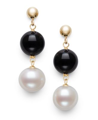 Macy's - Freshwater Pearl (7.5-8.5mm), Black Onyx and Gold Bead Earrings in 10k Yellow Gold