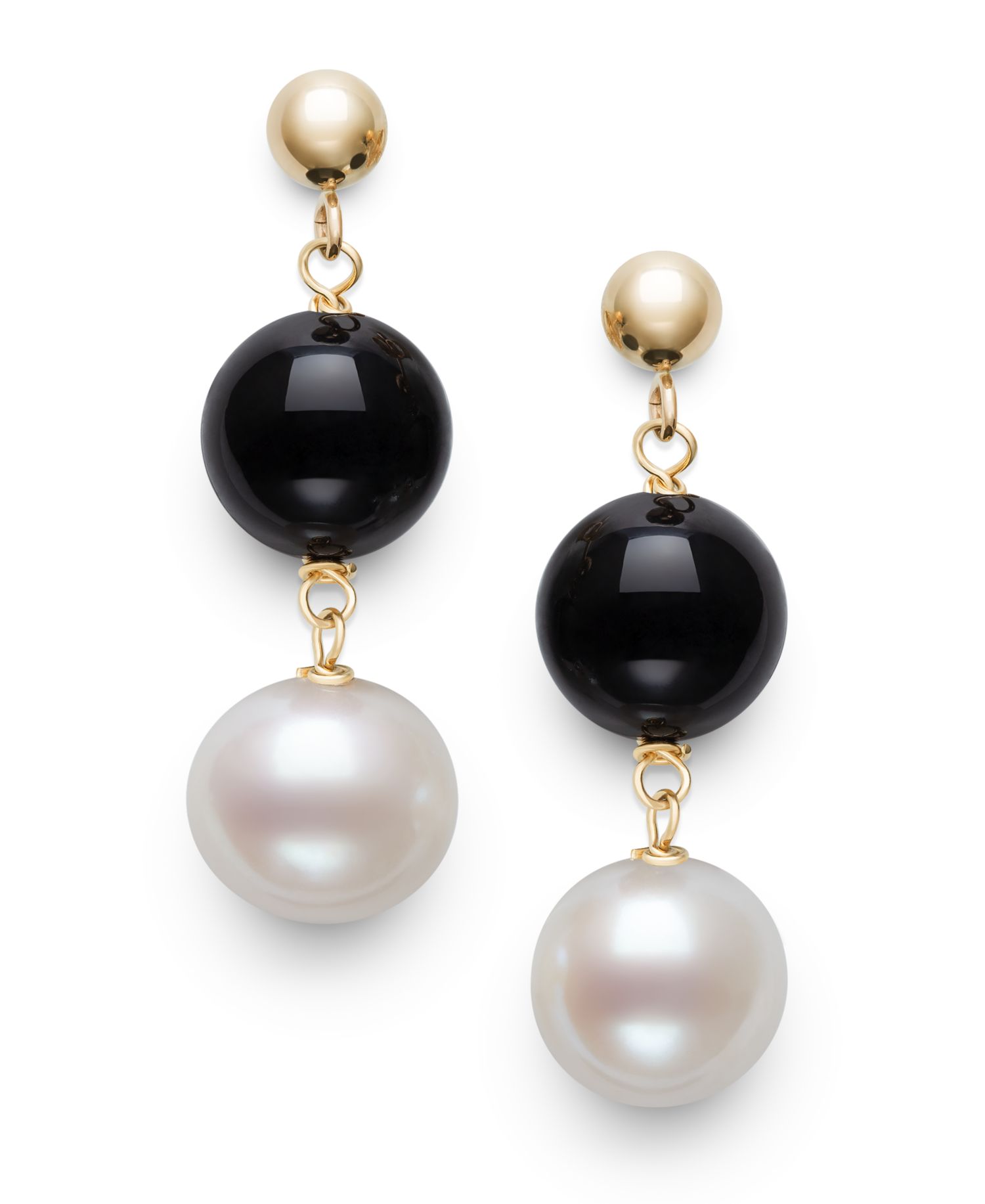 Freshwater Pearl (7.5-8.5mm), Black Onyx and Gold Bead Earrings in 10k Yellow Gold