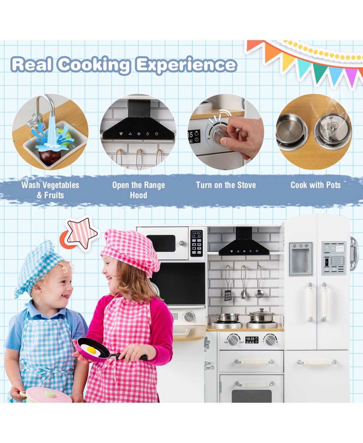 Skonyon Wooden Kid's Corner Kitchen Playset with Stove for Toddlers