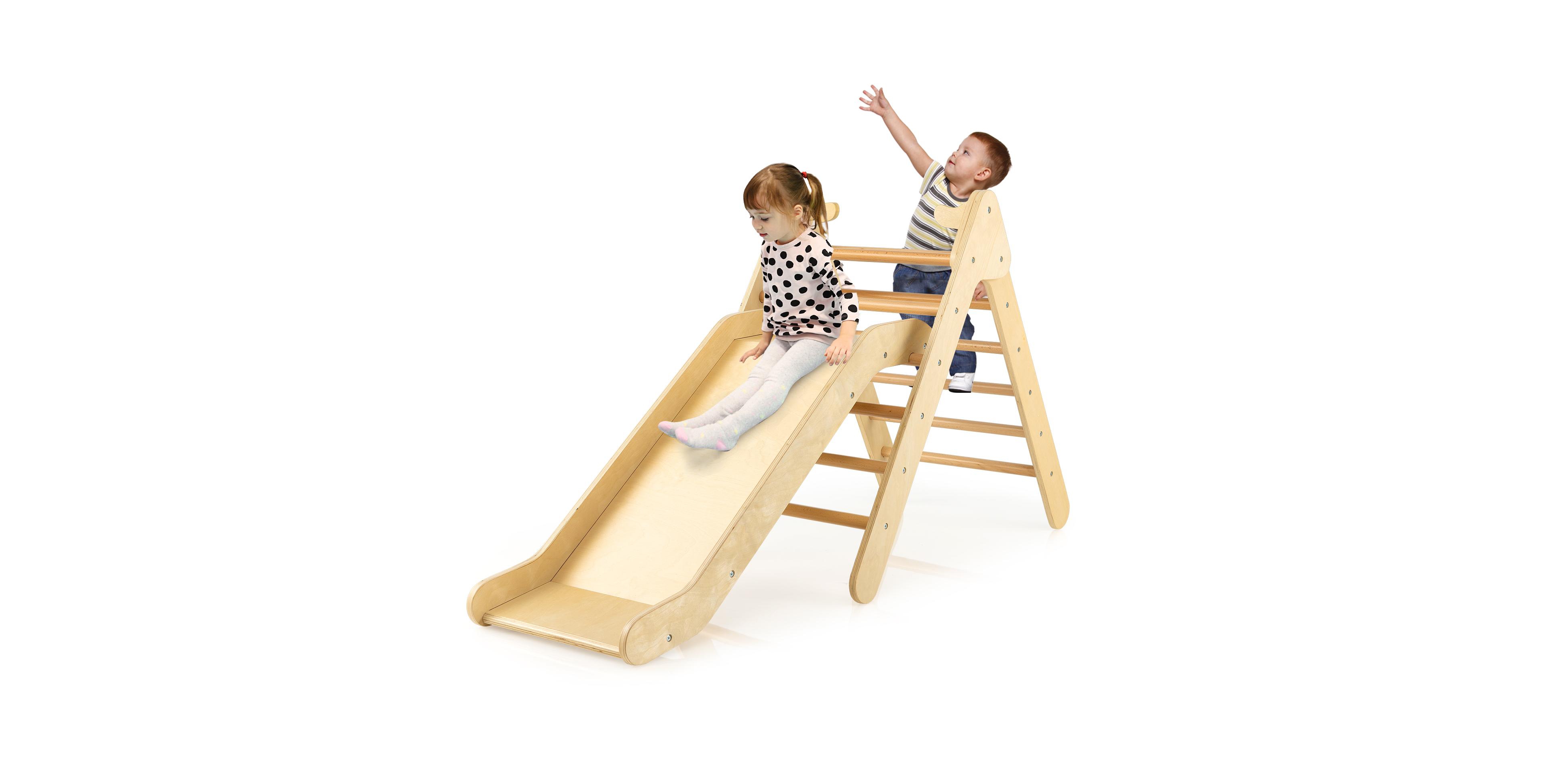 Skonyon 2-in-1 Wooden Triangle Climber Set with Gradient Adjustable Slide