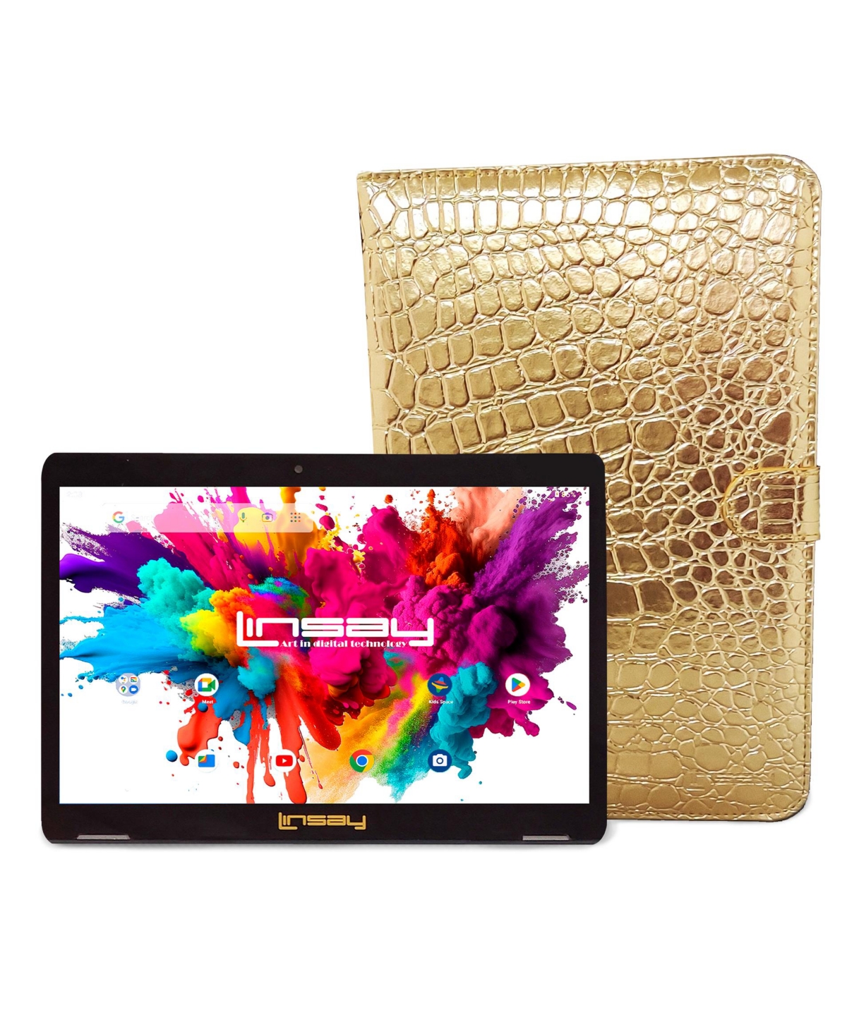 New Linsay 10.1" Tablet Octa-Core 128GB Powerful Bundle Luxury with Gold Keyboard Newest Android 15