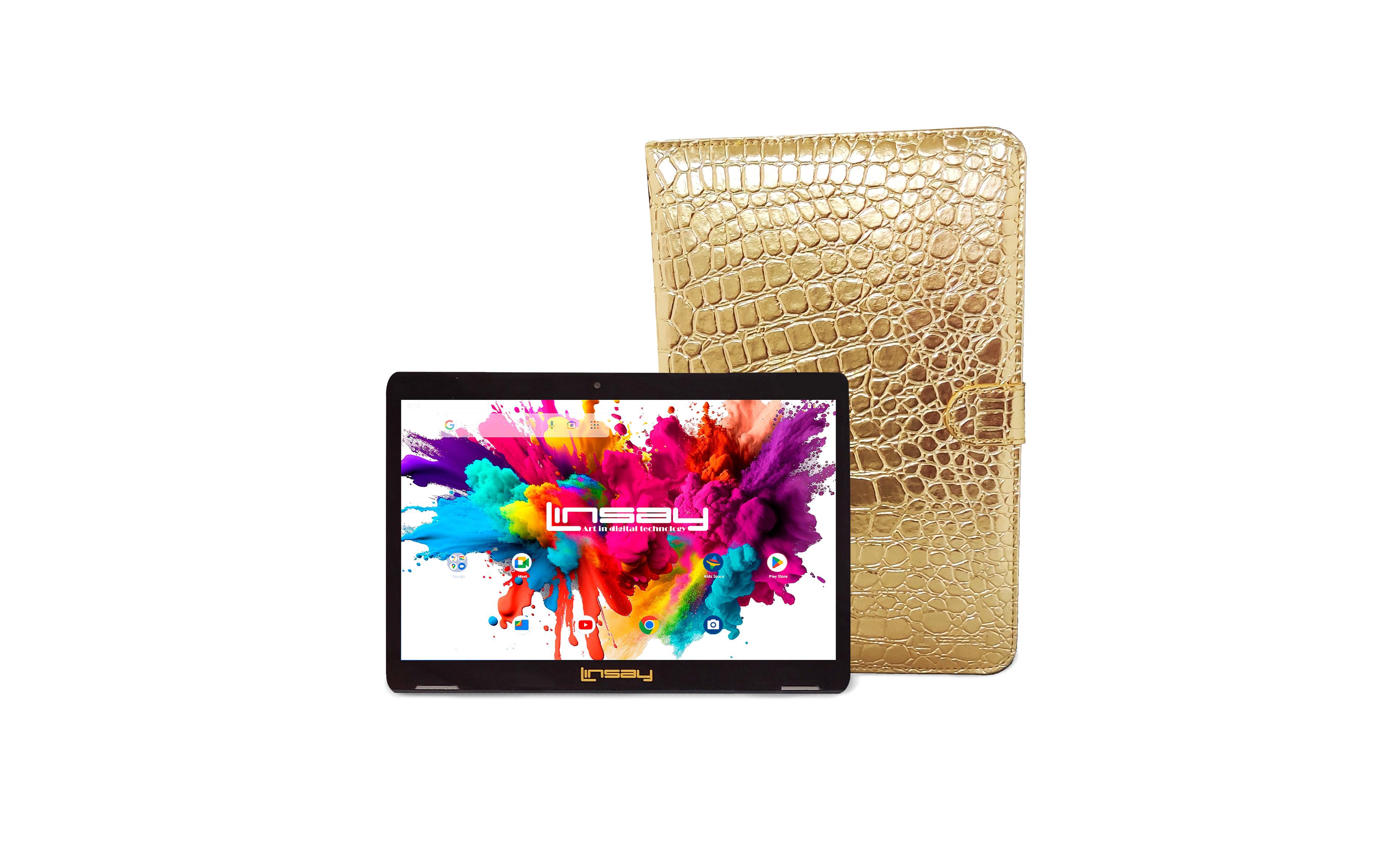 New Linsay 10.1" Tablet Octa-Core 128GB Powerful Bundle Luxury with Gold Keyboard Newest Android 15