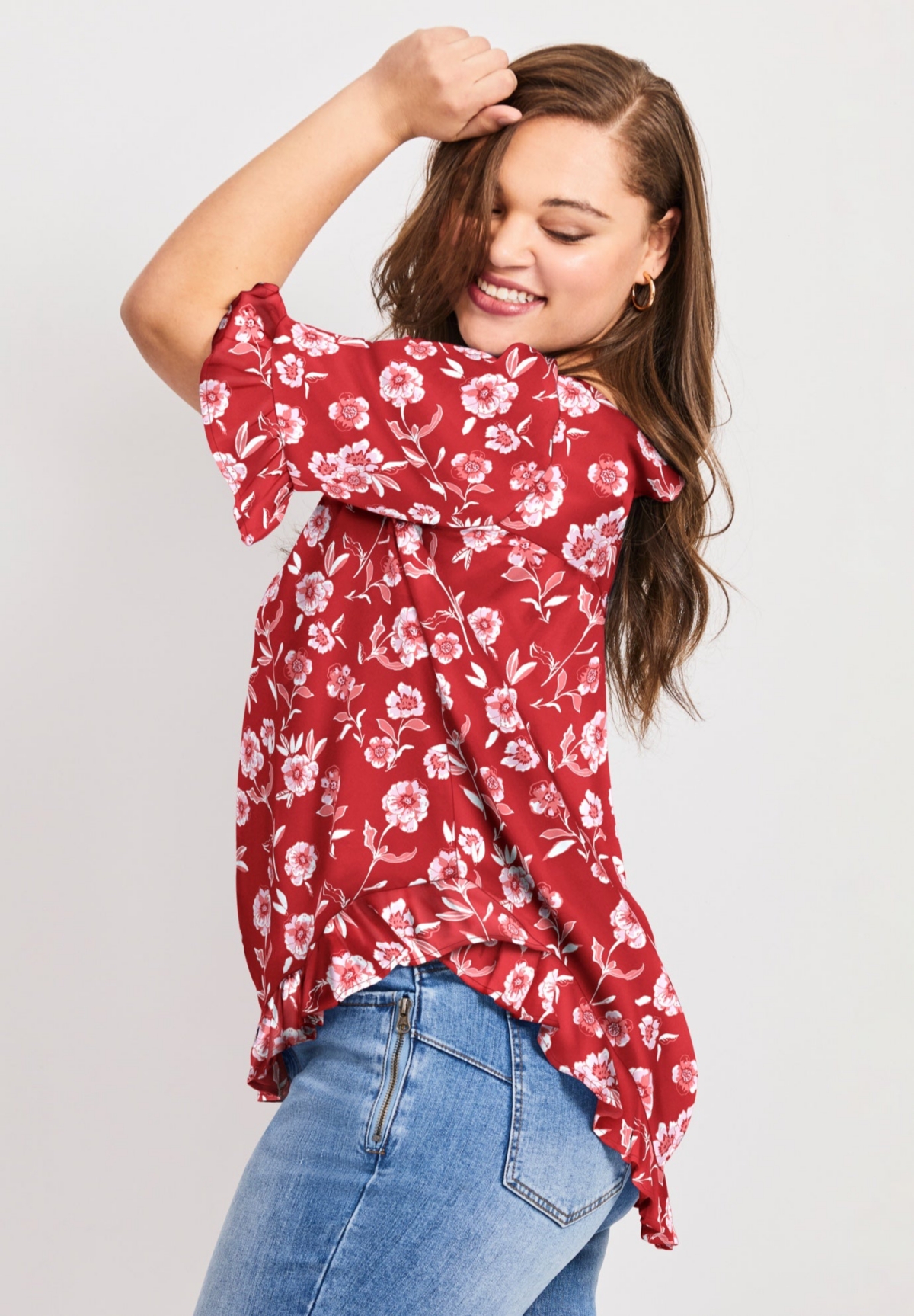 Avenue Women's Plus Crew Ruffle Hem Top