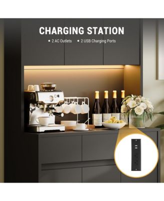70" Kitchen Food Pantry with Charge Station, LED Light,Storage Cabinet