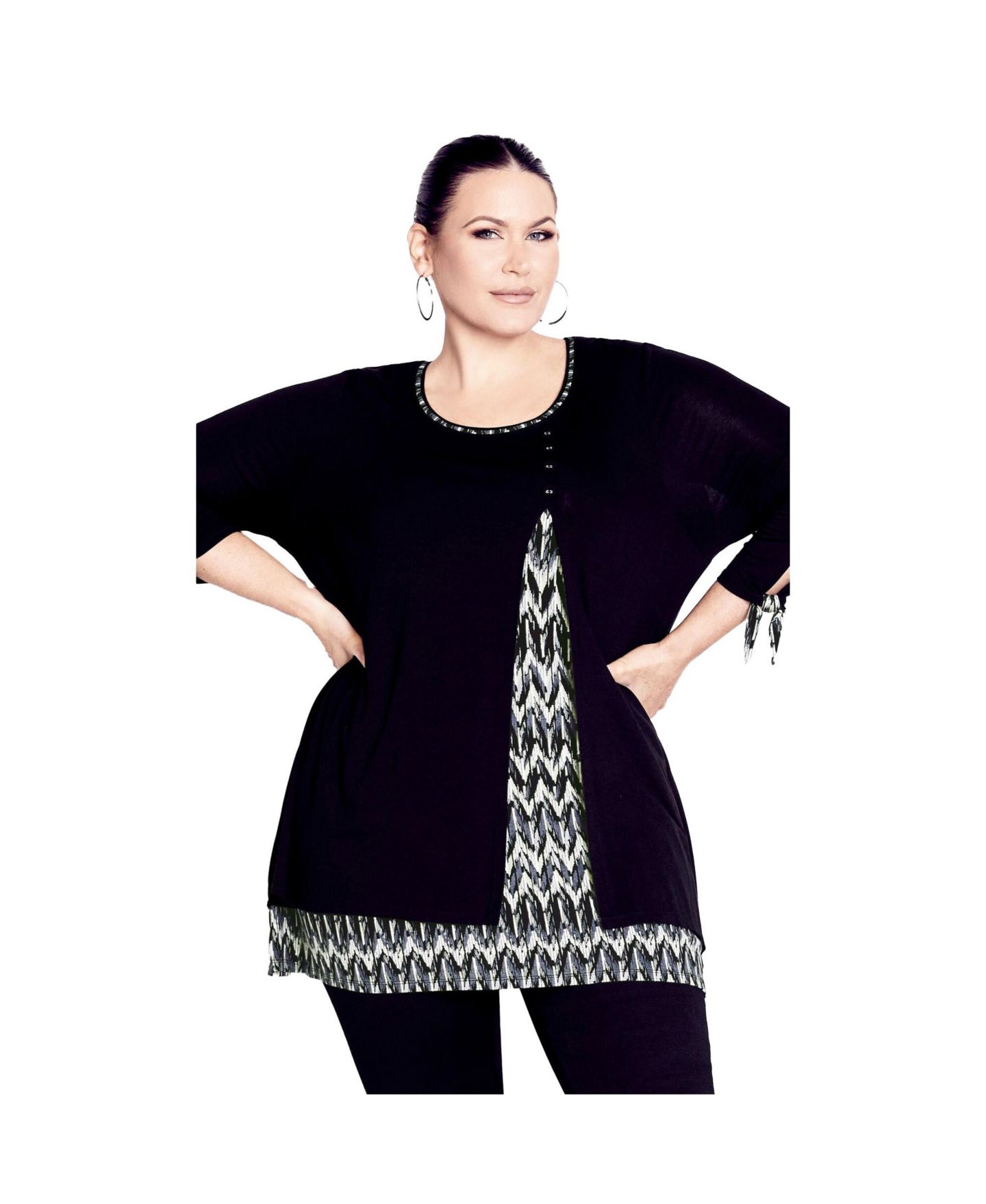 Женский топ Avenue Plus Size Alena Print Tunic top, цвет: Mono Brushed Chevron — фото 1