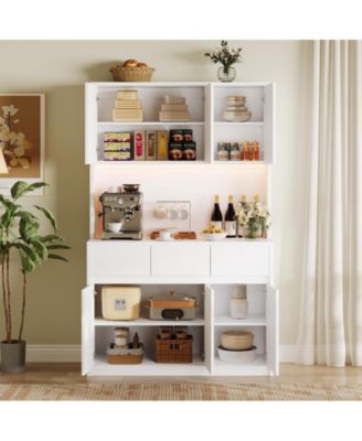 71" Kitchen Pantry Cabinet with LED Lights, Power Outlets, Adjustable Shelves & Microwave Stand – Freestanding Storage Hutch.