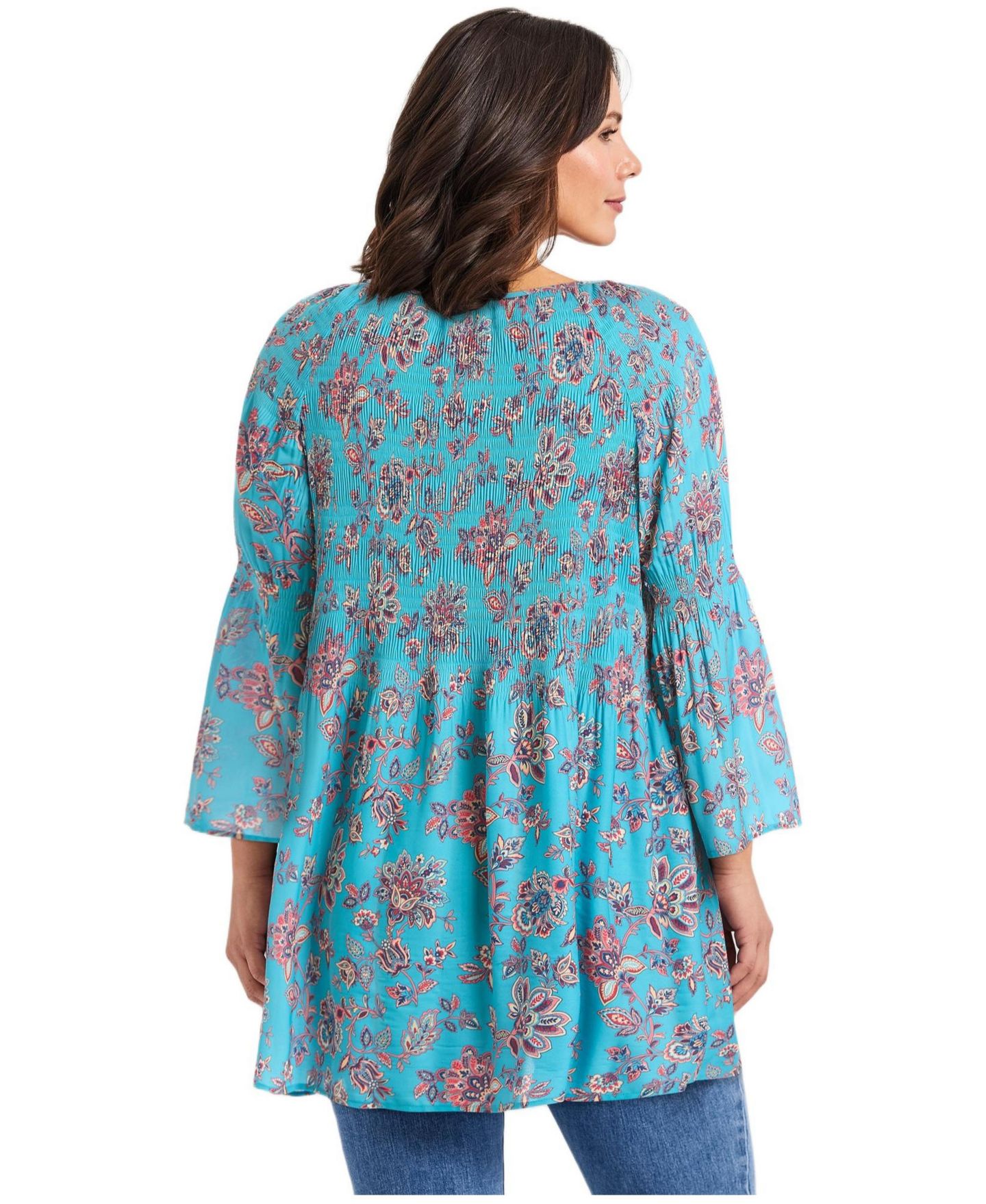Женский топ Avenue Plus Size Keyhole Bell Sleeve Tunic, цвет: Аквамариновый с принтом — фото 3