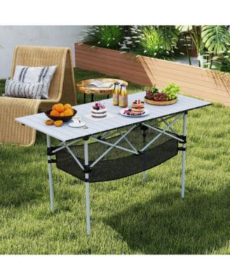 Patio Folding Camping Table with Aluminum Roll-up Tabletop & Mesh Basket