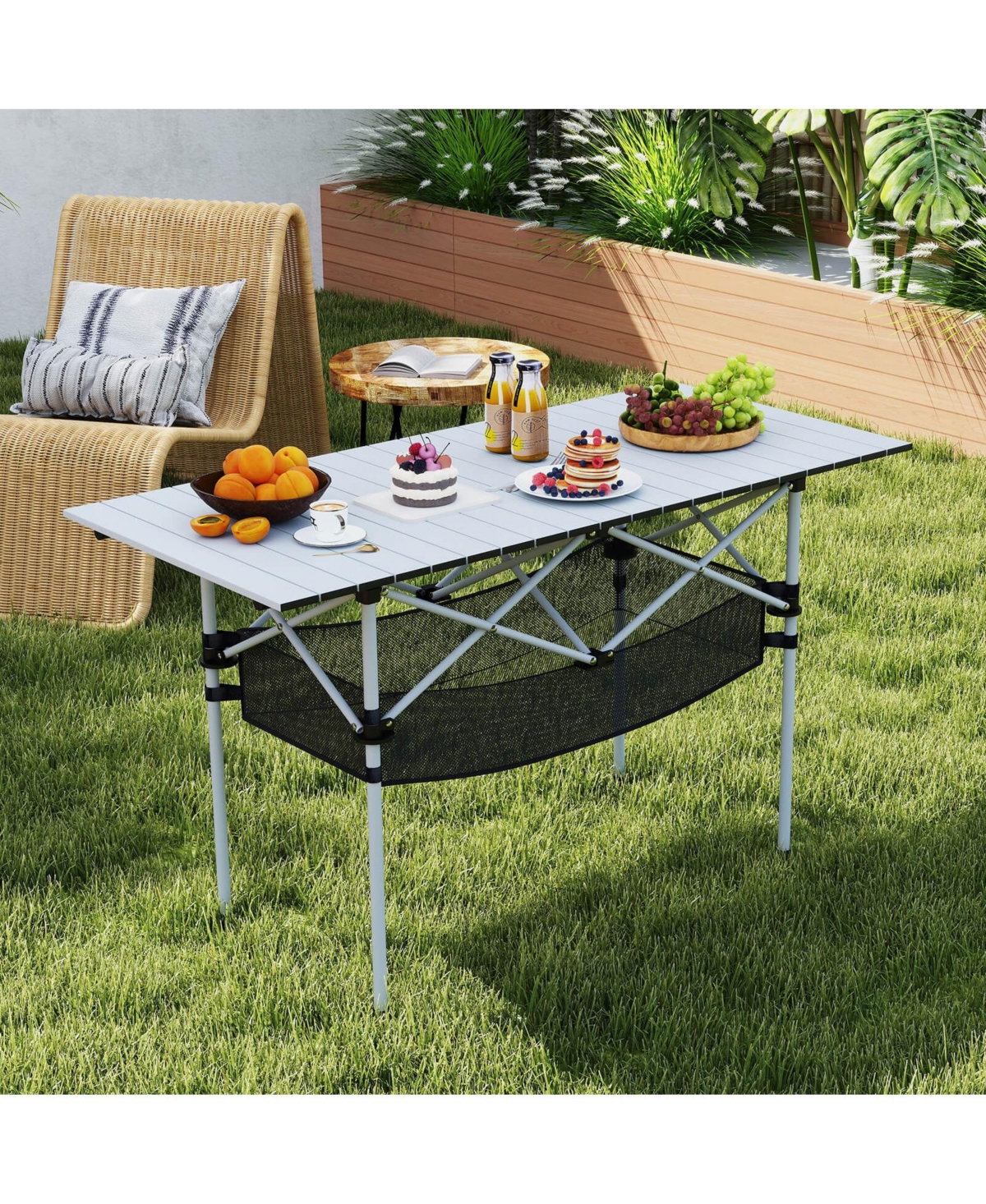 Costway Patio Folding Camping Table with Aluminum Roll-up Tabletop & Mesh Basket