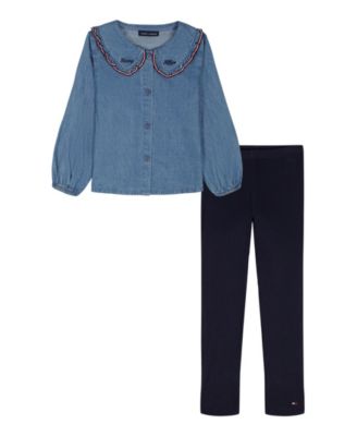 Tommy Hilfiger - Girls 4-6X 2-Piece Pan Collar Top and Ribbed Leggings Set