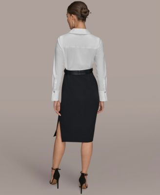 Women's V-Neck Belted Contrast Wrap Sheath Midi Dress