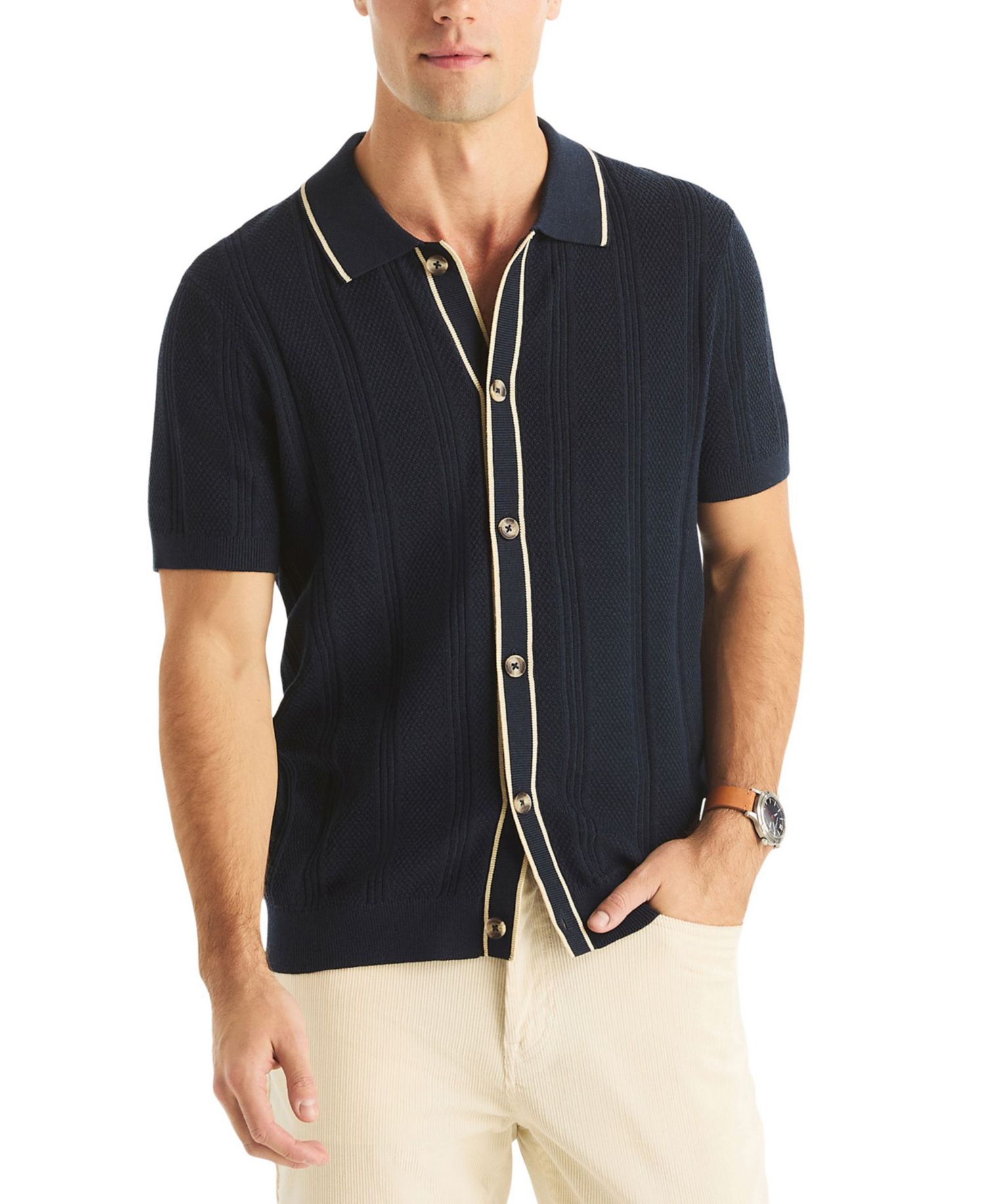 Men's Textured Open Front Polo Sweater