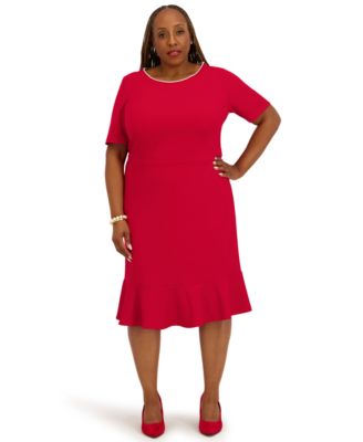 Women's Round Neck Knee Length Ruffle Skirt Dress, Regular and Plus Size