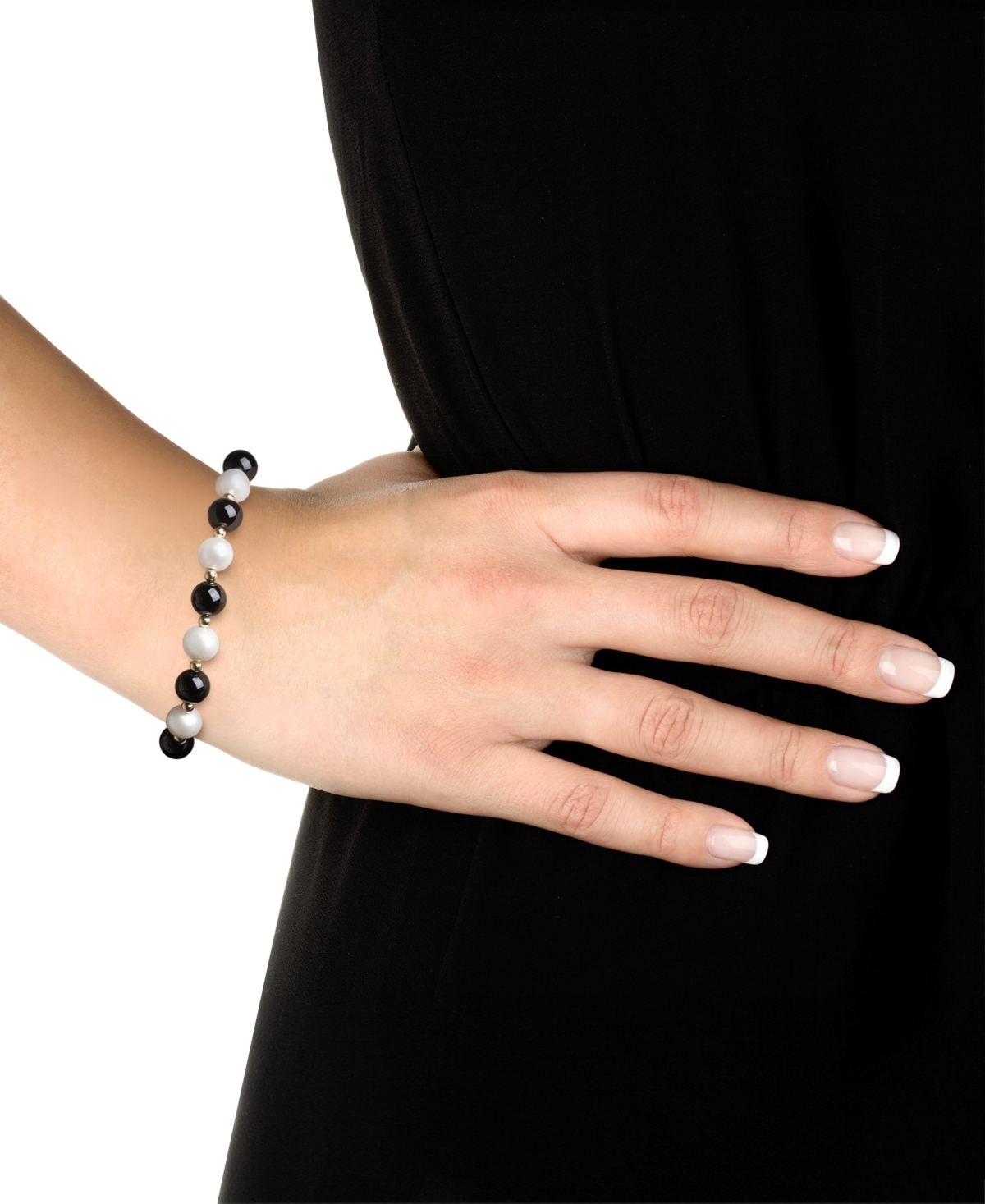 Macy's Freshwater Pearl (7.5-8.5mm), Black Onyx and Gold Bead Bracelet in 10k Yellow Gold