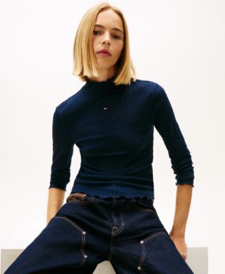 Women's Slim Ribbed Lettuce Edge Mock Neck Top