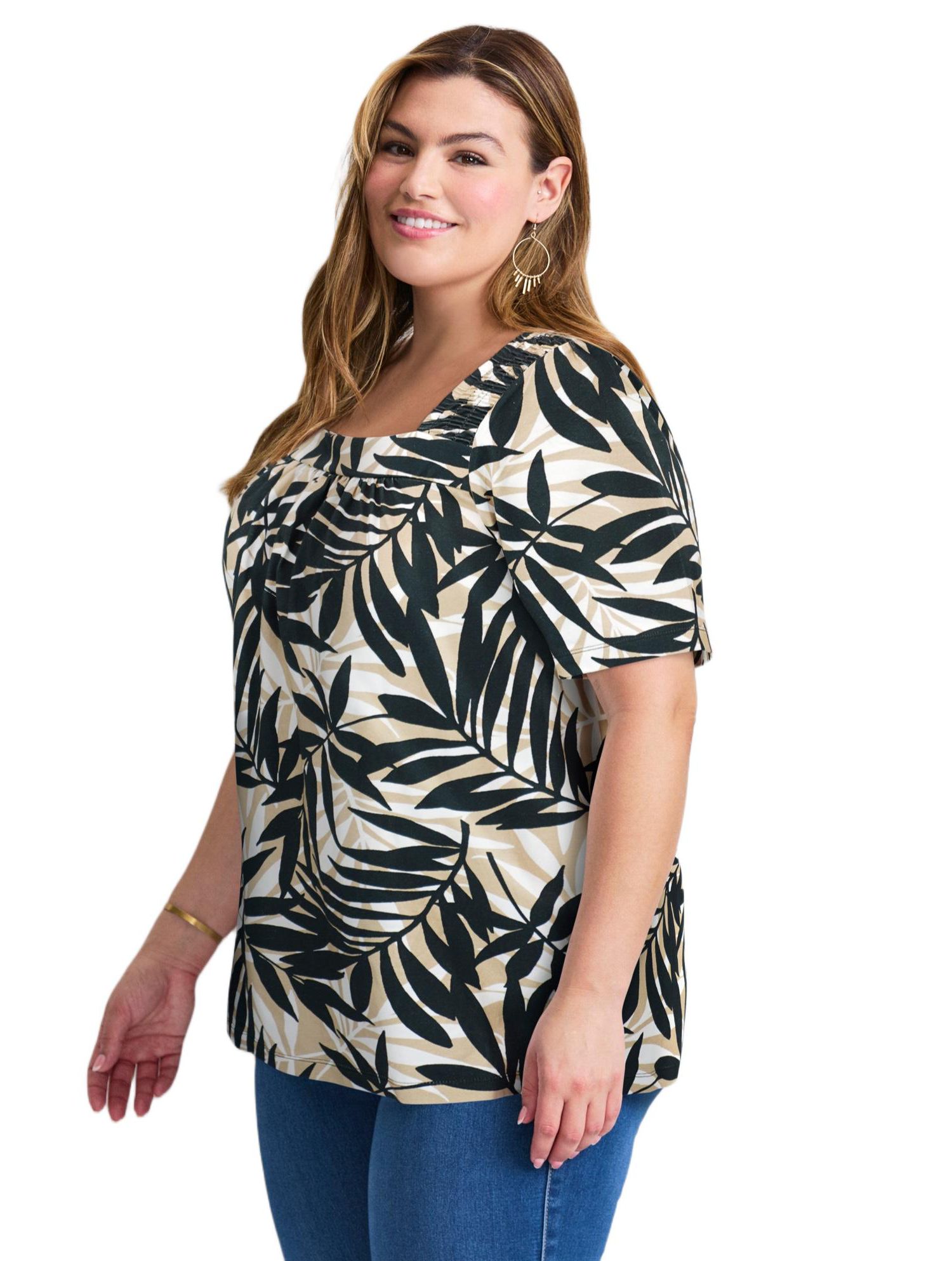 Women's Plus Size Smocked Squareneck Top