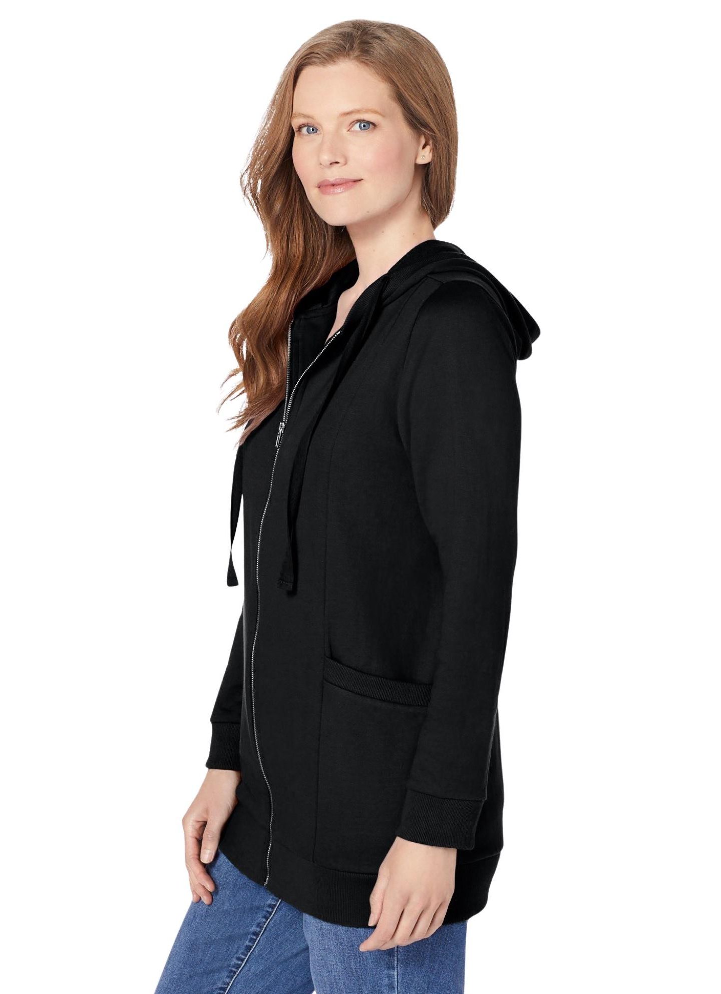 Женское худи Woman Within Plus Size Within Zip Front Tunic Sweatshirts, цвет: Чёрный — фото 3