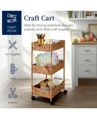 3-Tier Water Hyacinth Rolling Utility Cart w/ Weaved Baskets