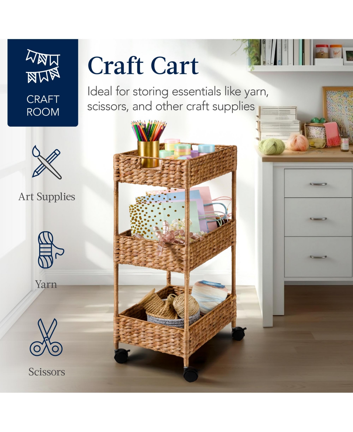 Best Choice Products 3-Tier Water Hyacinth Rolling Utility Cart w/ Weaved Baskets