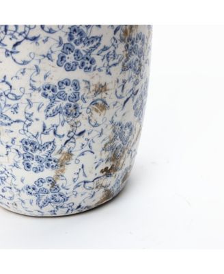 Vintage Blue Floral Vase with Handles, Decorative Ceramic Jar for Farmhouse Decor