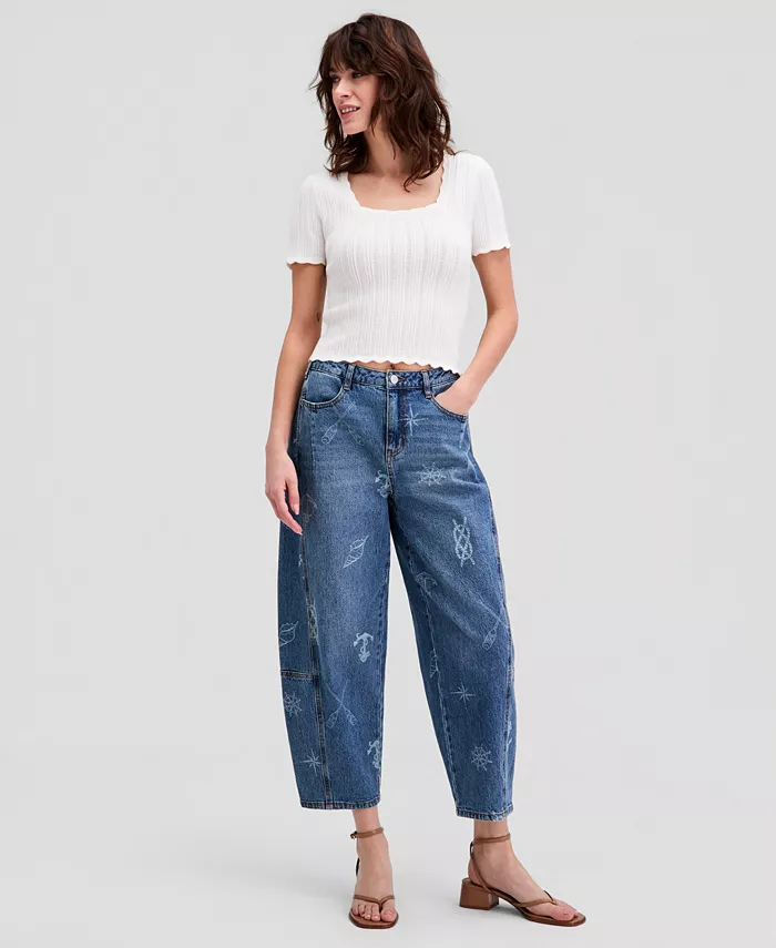 Women's Nautical Print Barrel-Leg Jeans