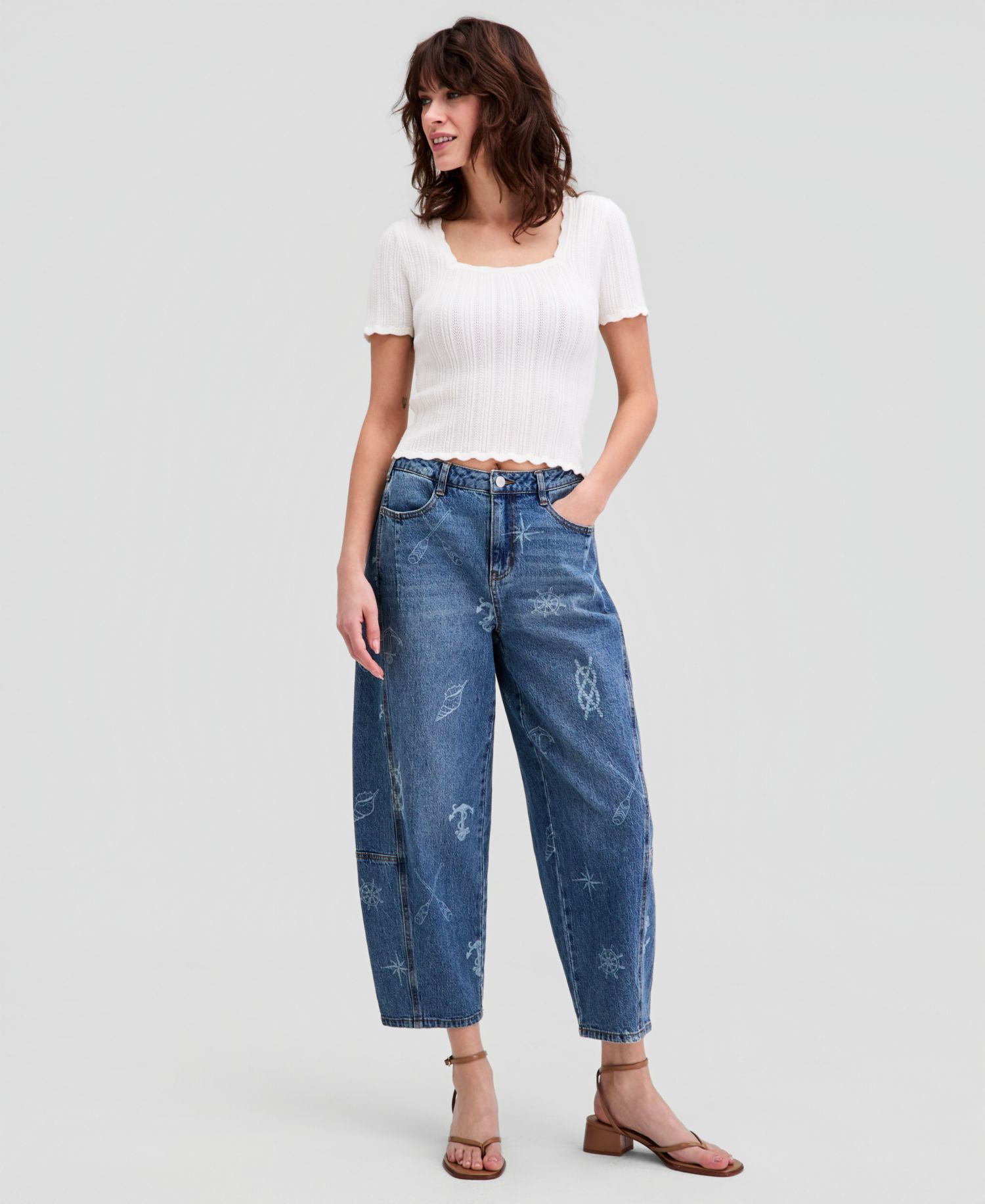 Women's Nautical Print Barrel-Leg Jeans