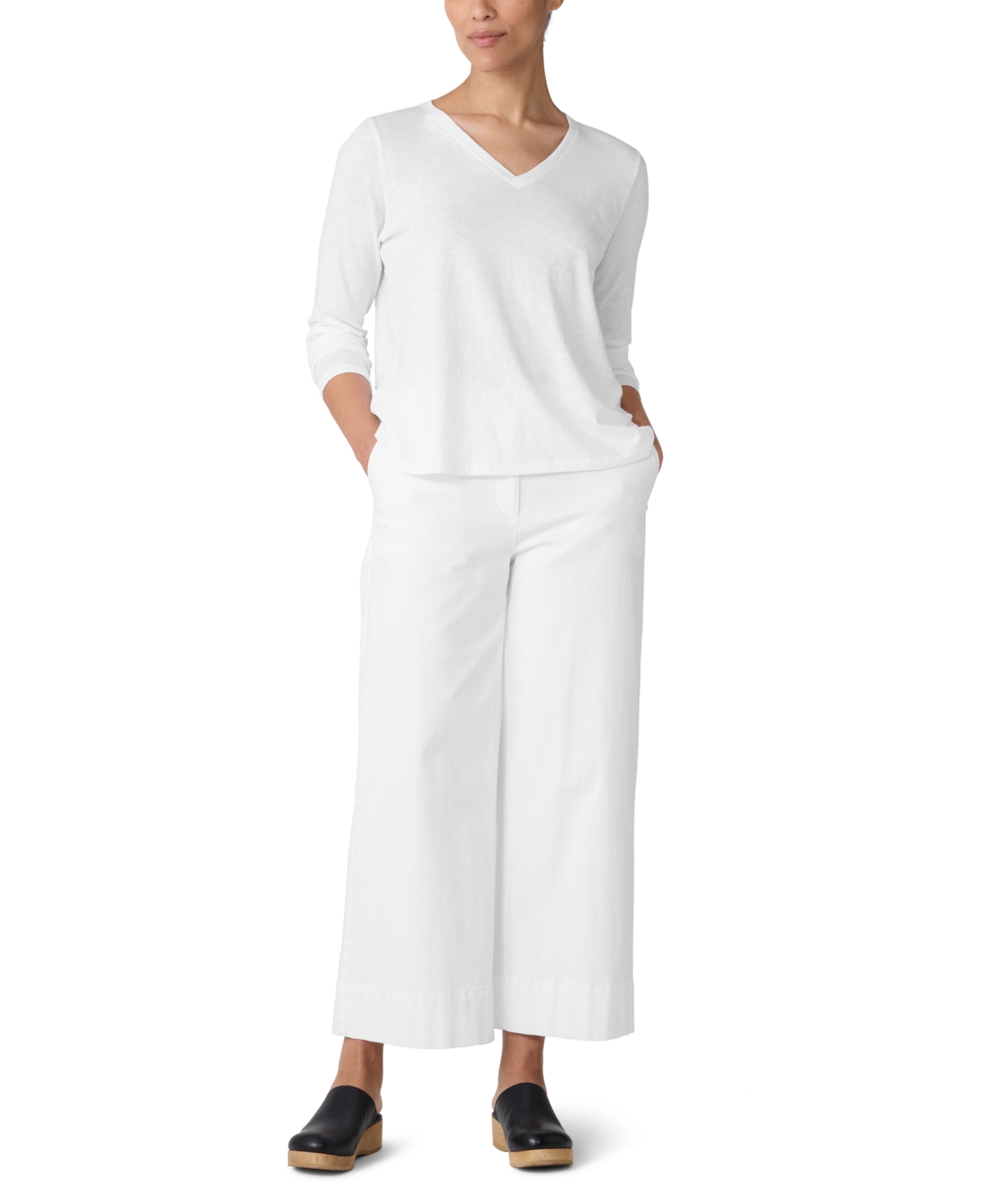 Eileen Fisher Organic Cotton Slubby Jersey V-neck Top In White