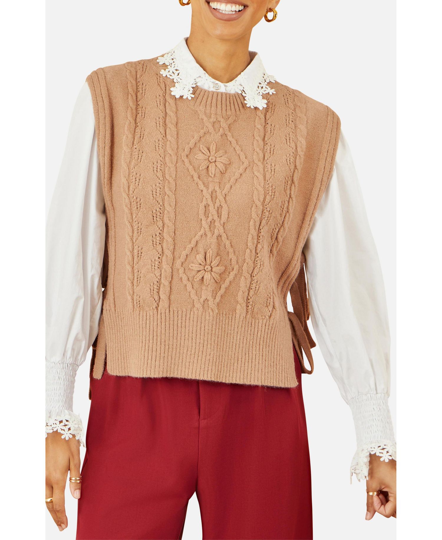 Women's Sweaters Floral Cable Knit Side Tie Pullover