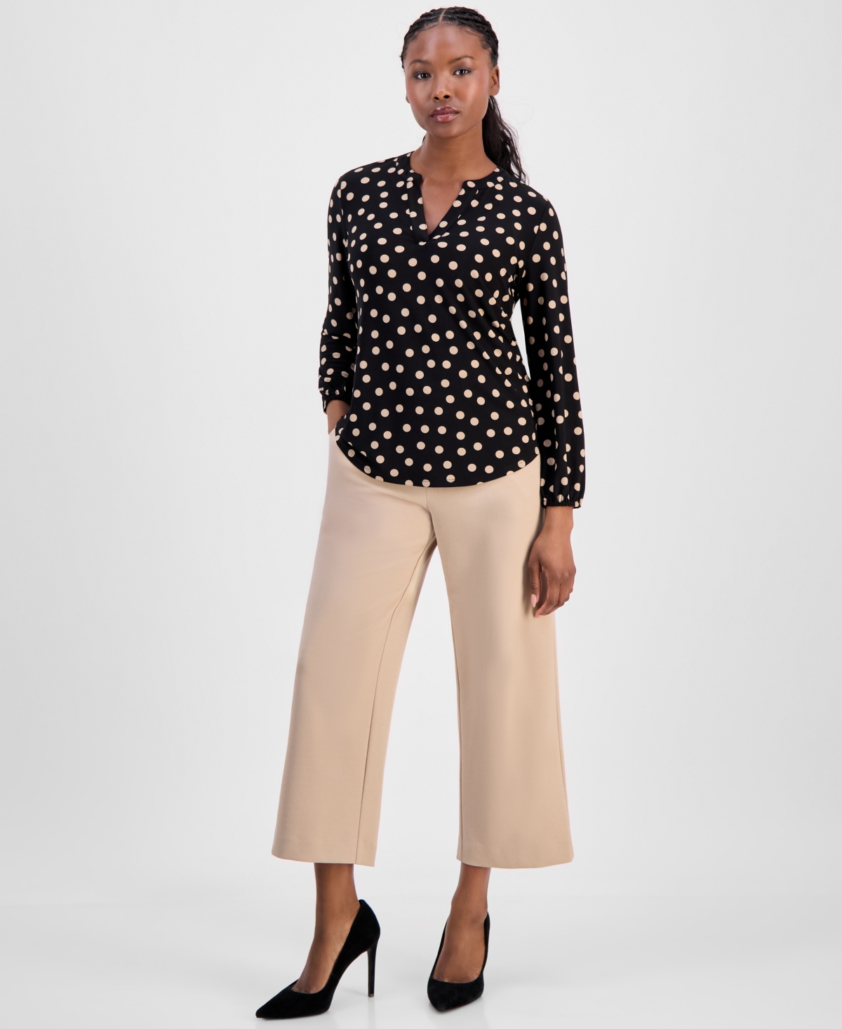 Ak Anne Klein Petite Split-Neck Elastic-Cuff Top