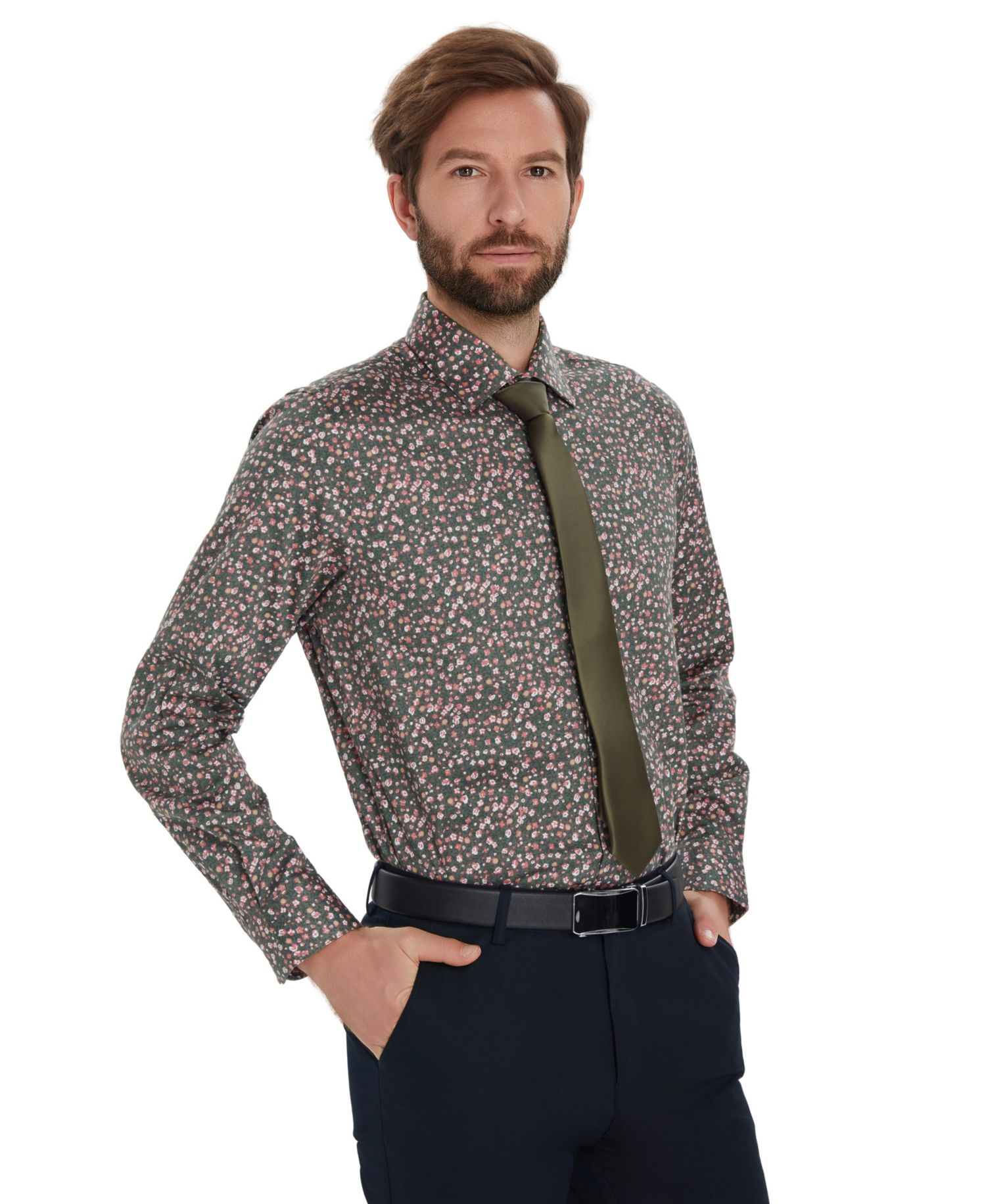 Men's Front Floral Print Dress Shirt