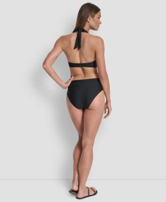 Women's Shirred Buckle Front V-Neck Halter Top