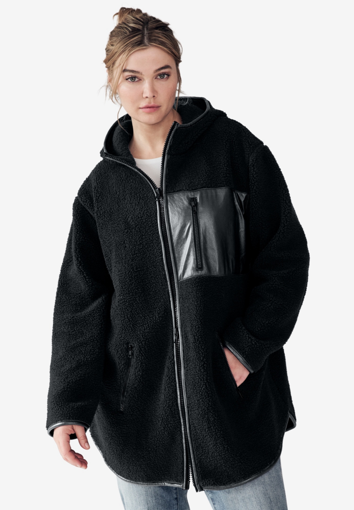 ellos Women's Zip Front Hooded Sherpa Jacket