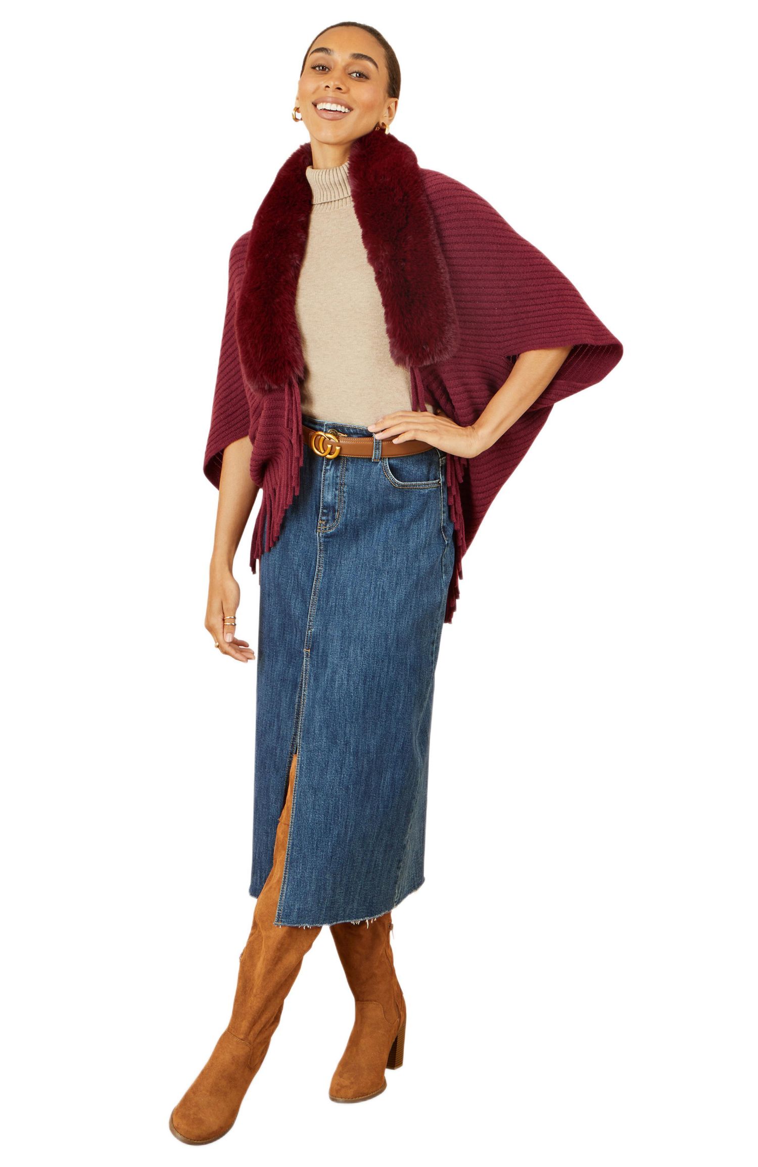 Women's Fur Collar Shrug With Tassel Hem