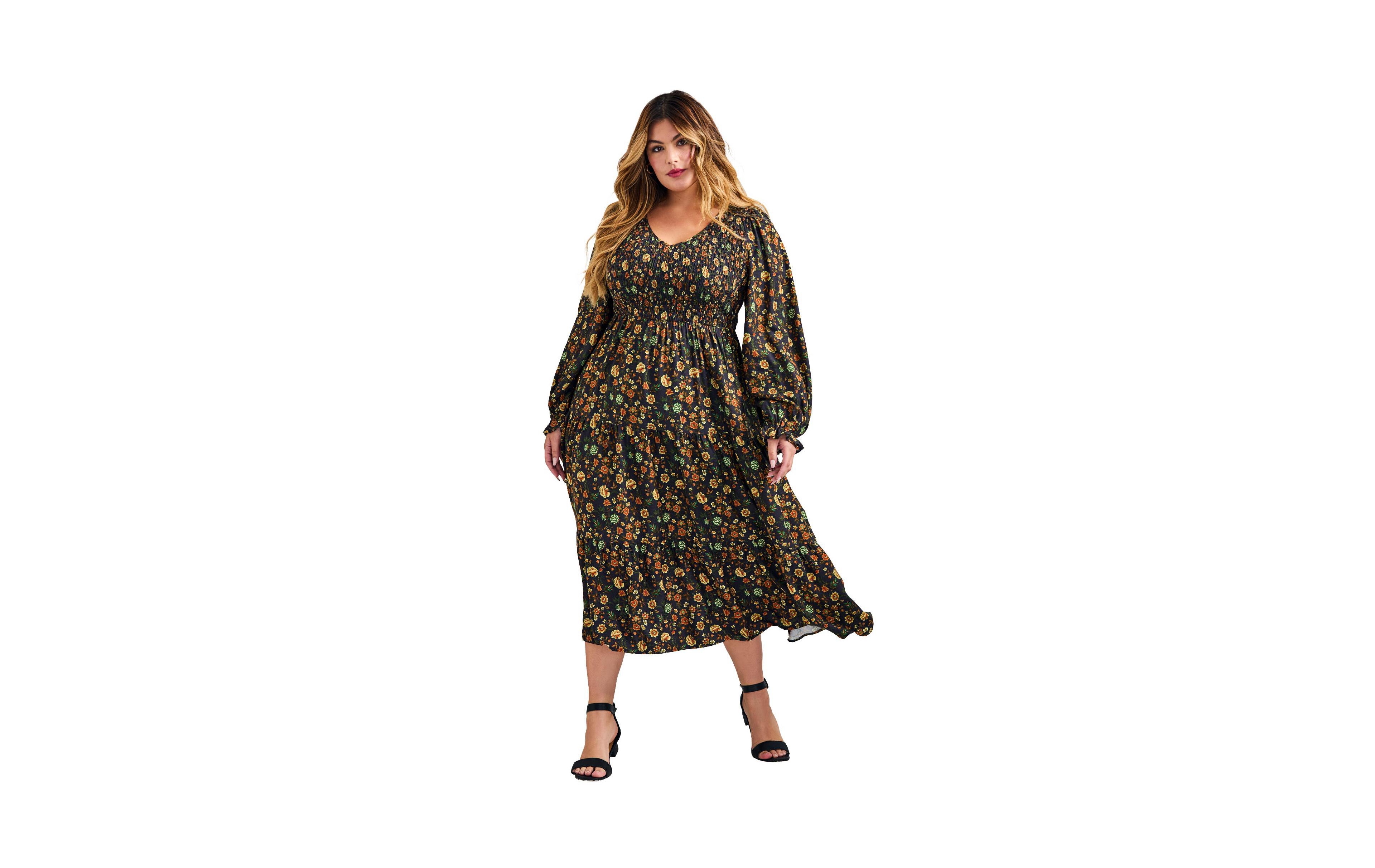 Avenue Women's Plus Indi Puff Sleeve Shirred Dress