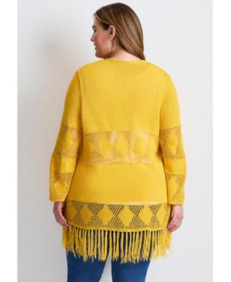 Women's Plus Size Pointelle Fringe Cardigan