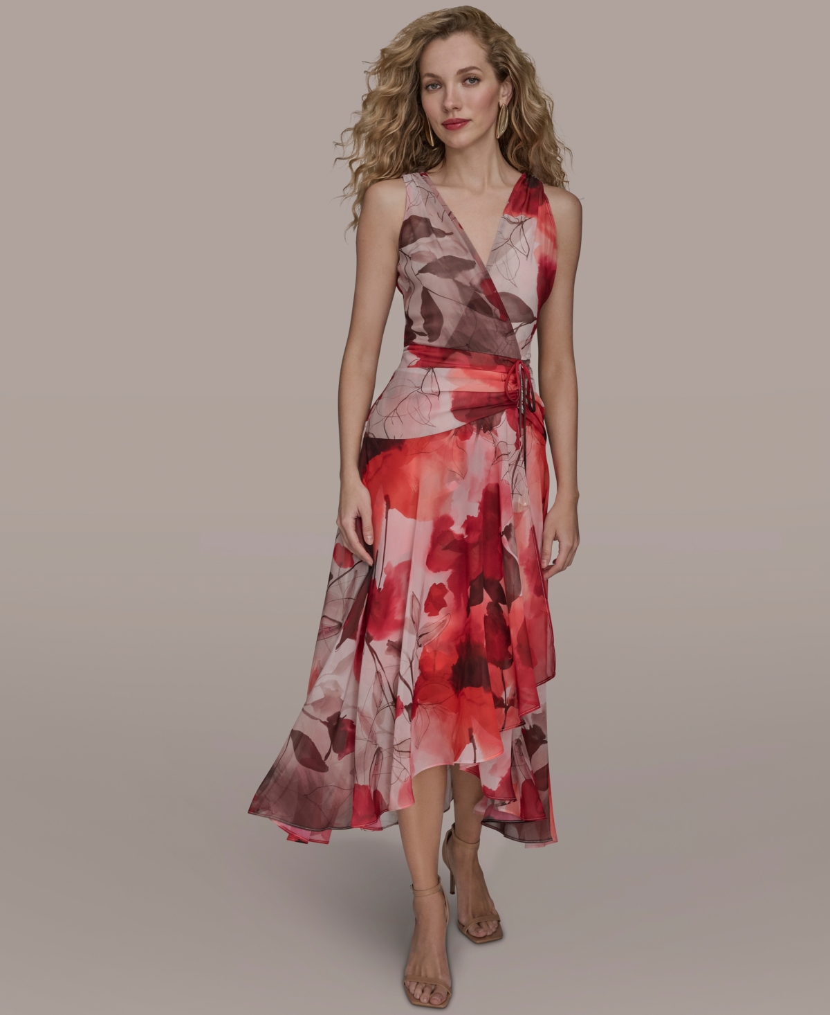 Donna Karan New York Women's Faux Wrap Floral A-Line Midi Dress