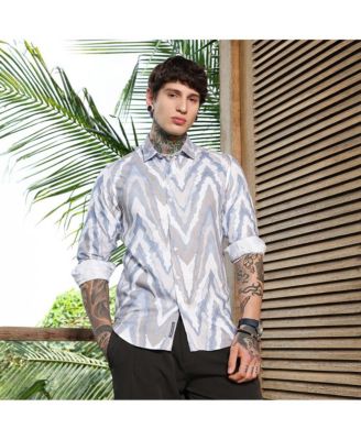 Men's Icy Blue:Cream White Pastel-Geometric Jacquard Shirt