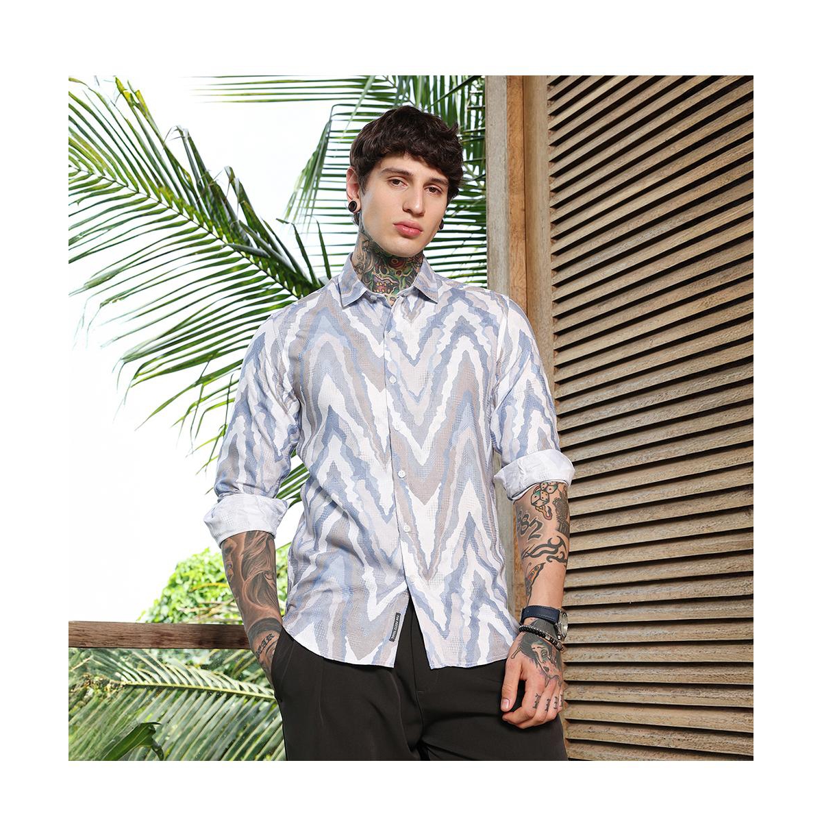 Campus Sutra Men's Icy Blue:Cream White Pastel-Geometric Jacquard Shirt