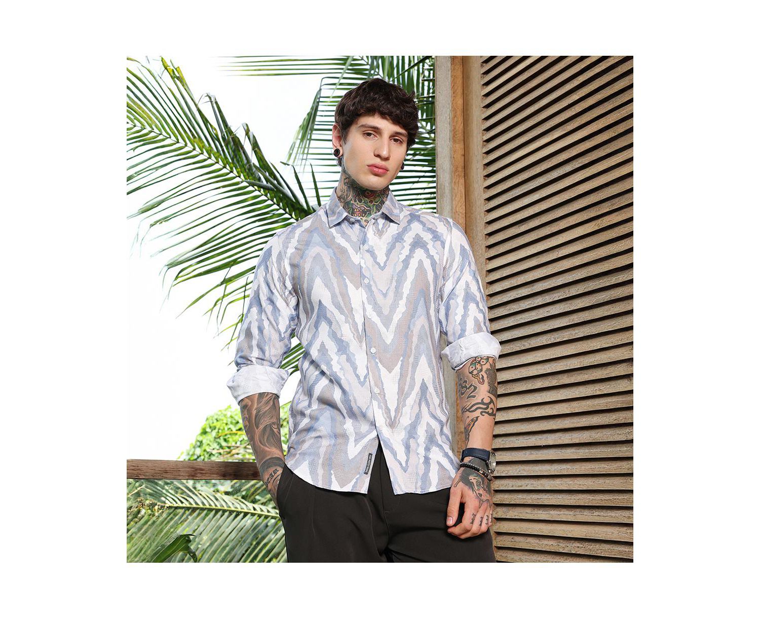 Men's Icy Blue:Cream White Pastel-Geometric Jacquard Shirt
