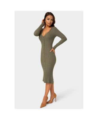Womens Button Front V-Neck Sweater Midi Dress