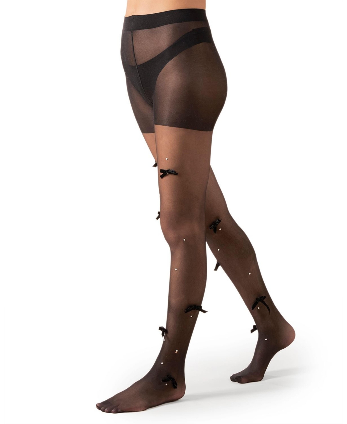 MeMoi Women's Sheer Fashion Velvet Bows and Faux Pearl Studded Tights